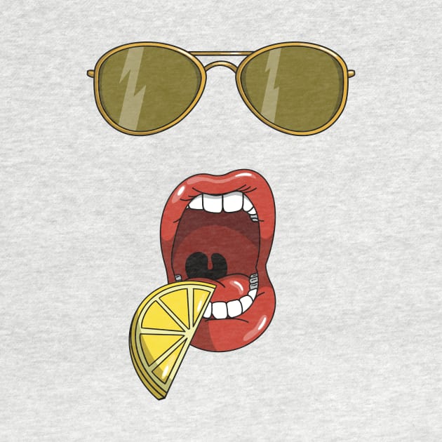 Mouth about to eat a slice of a yellow lemon and matching yellow sun glasses by Fruit Tee